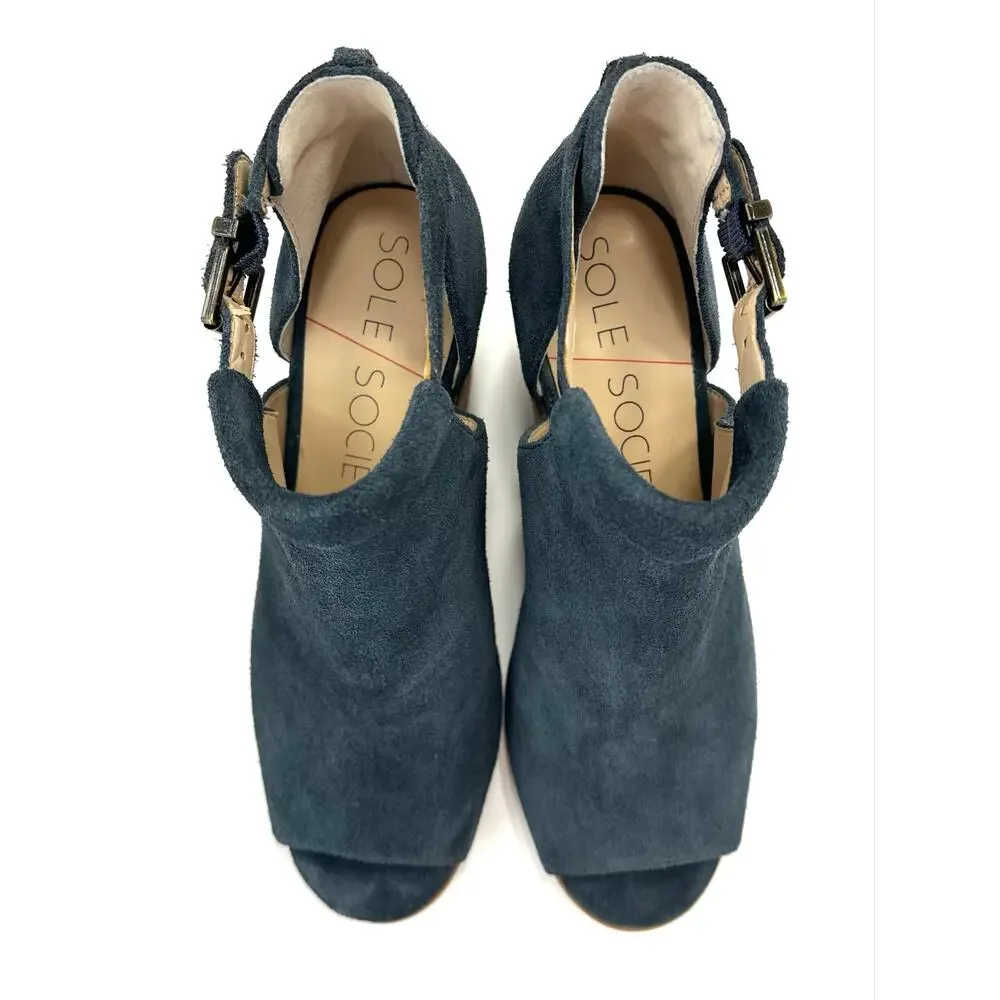 Sole Society Ferris Open Toe Bootie/Sandal Size 9/40M Blue/Gray Suede Adjustable